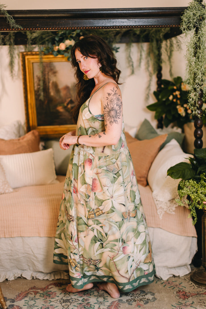 Fleur De Soleil Bohéme Long Maxi Slip Dress w/ Florals