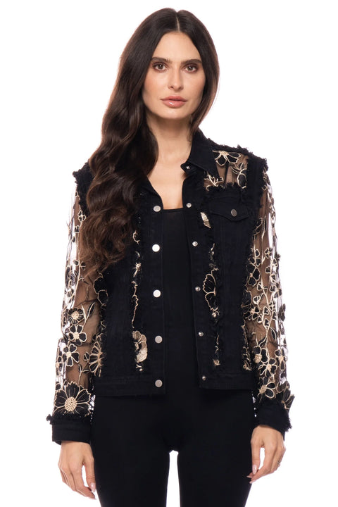 Floral Embroidered Mesh Sleeve Denim Jacket