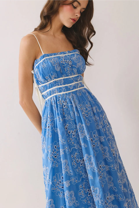 Floral Eyelet Embroidery Midi Dress with Side Pockets in Blue