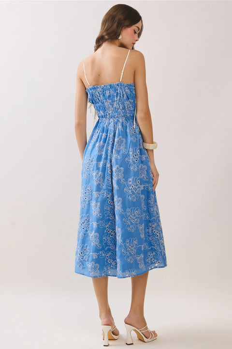 Floral Eyelet Embroidery Midi Dress with Side Pockets in Blue