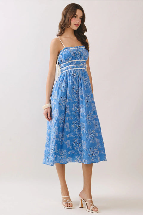 Floral Eyelet Embroidery Midi Dress with Side Pockets in Blue