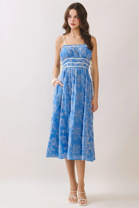 Floral Eyelet Embroidery Midi Dress with Side Pockets in Blue