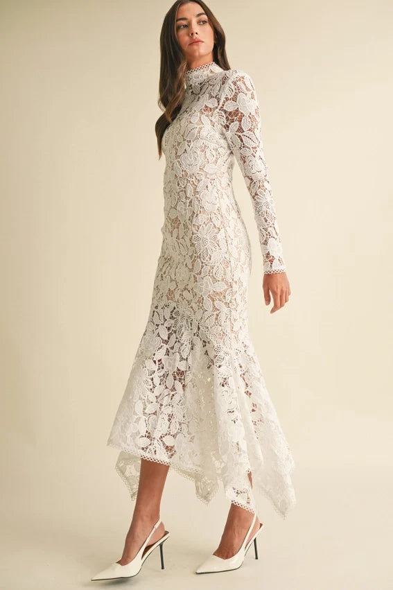 Floral Lace Midi Dress White