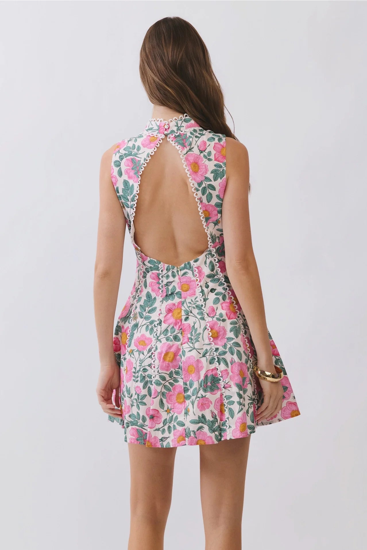 Floral Lace Trim Open Back Mini Dress