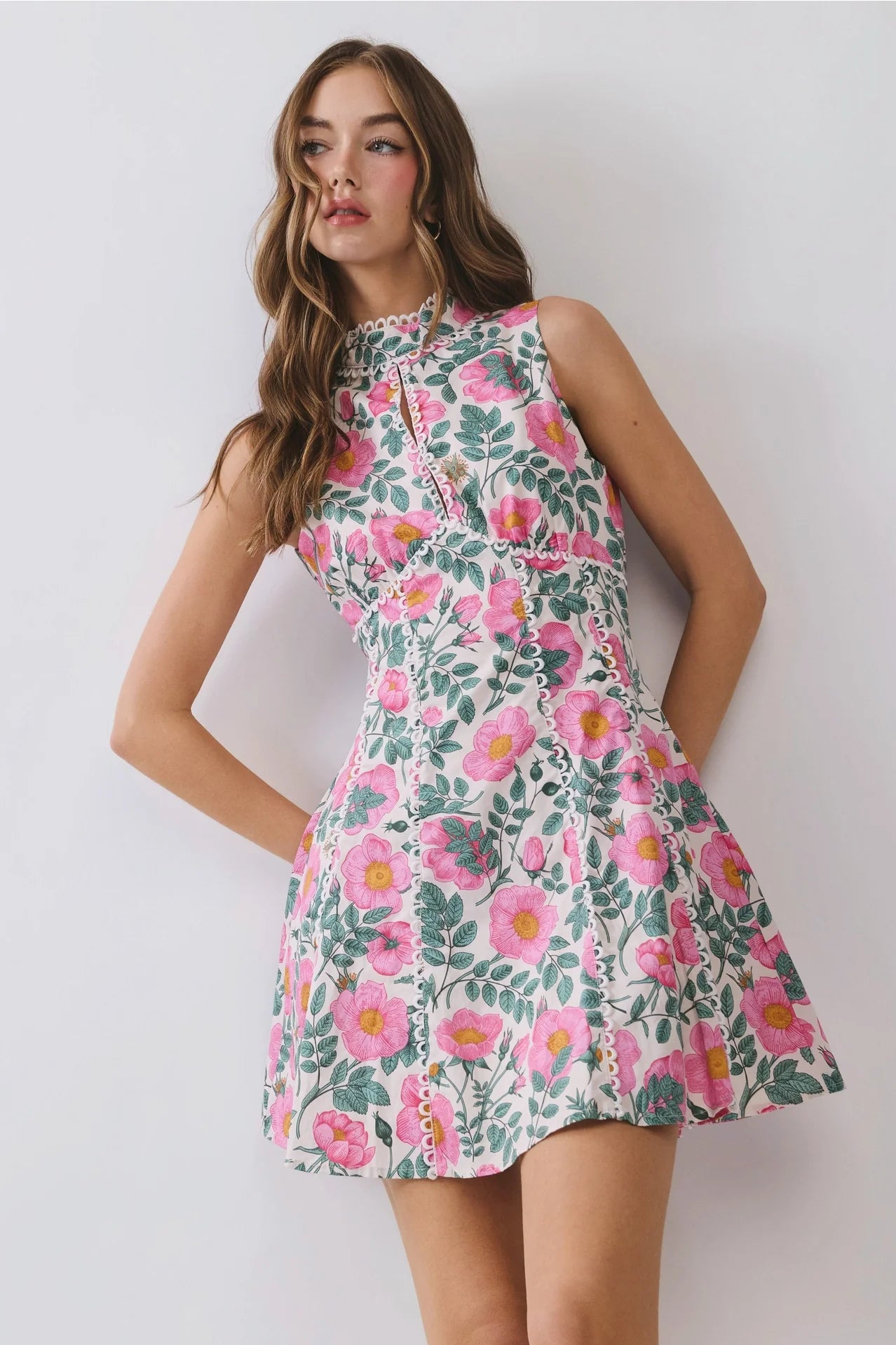 Floral Lace Trim Open Back Mini Dress