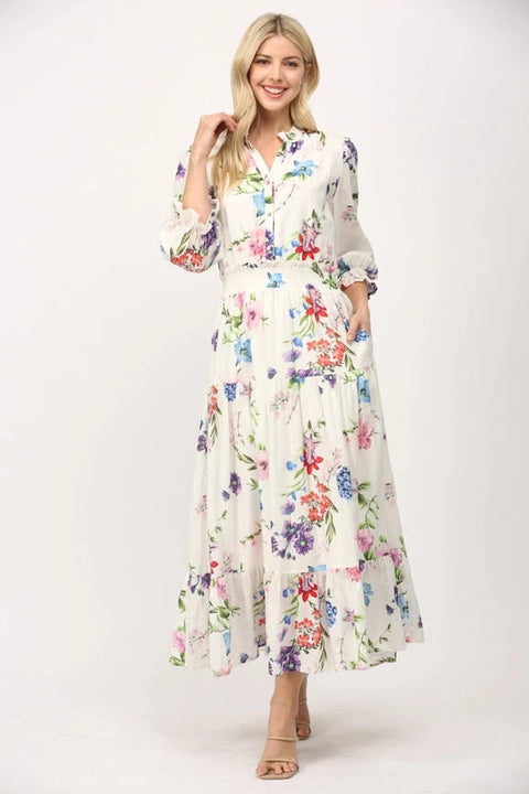 Floral Motif Midi Dress with Gathered Waist Cotton Fabric