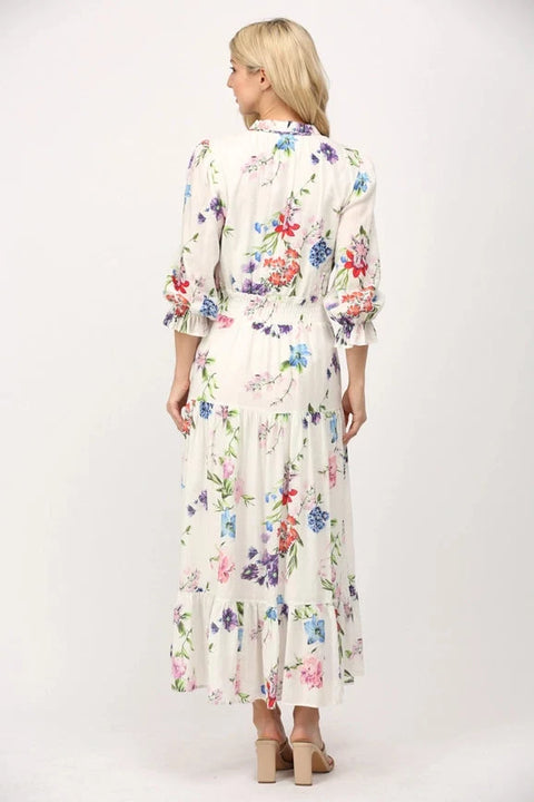 Floral Motif Midi Dress with Gathered Waist Cotton Fabric