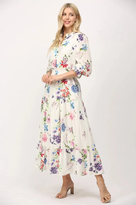Floral Motif Midi Dress with Gathered Waist Cotton Fabric