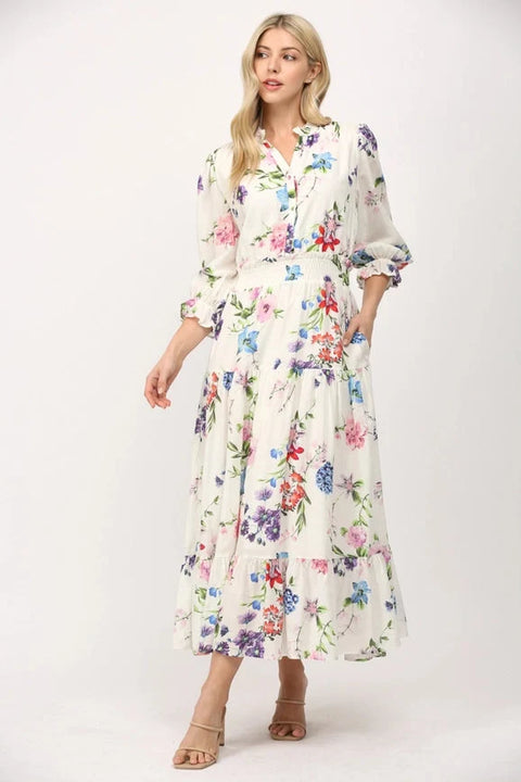 Floral Motif Midi Dress with Gathered Waist Cotton Fabric