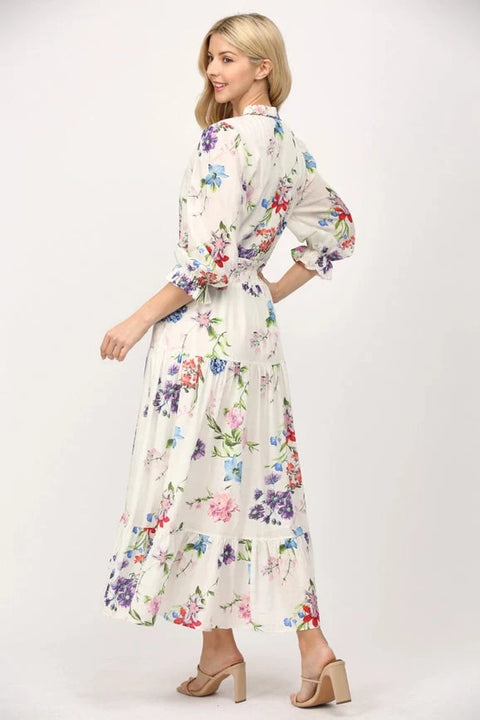 Floral Motif Midi Dress with Gathered Waist Cotton Fabric