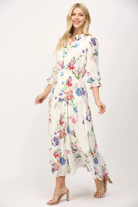 Floral Motif Midi Dress with Gathered Waist Cotton Fabric