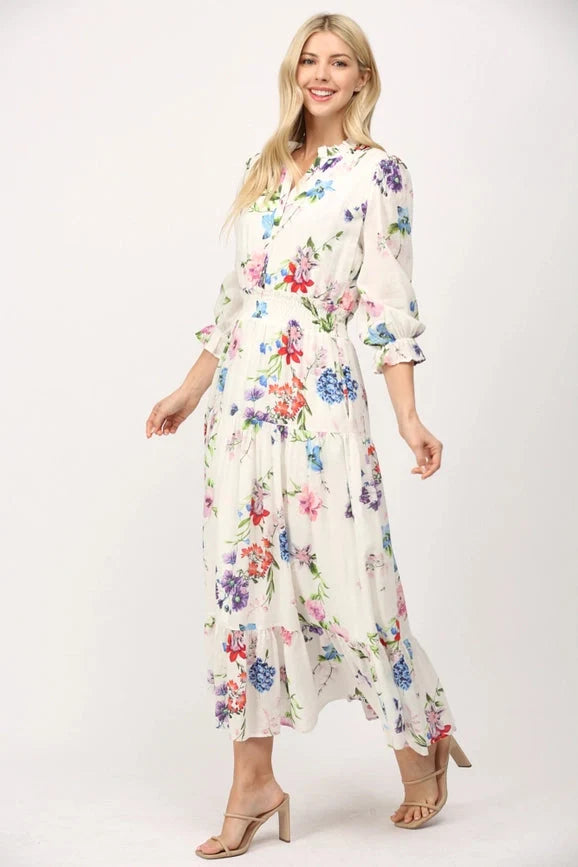 Floral Motif Print Cotton Gathered Waist Midi Dress