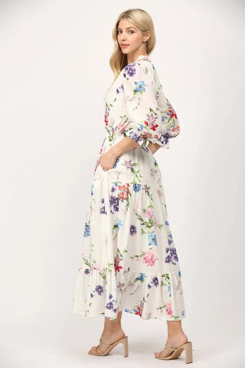 Floral Motif Midi Dress with Gathered Waist Cotton Fabric