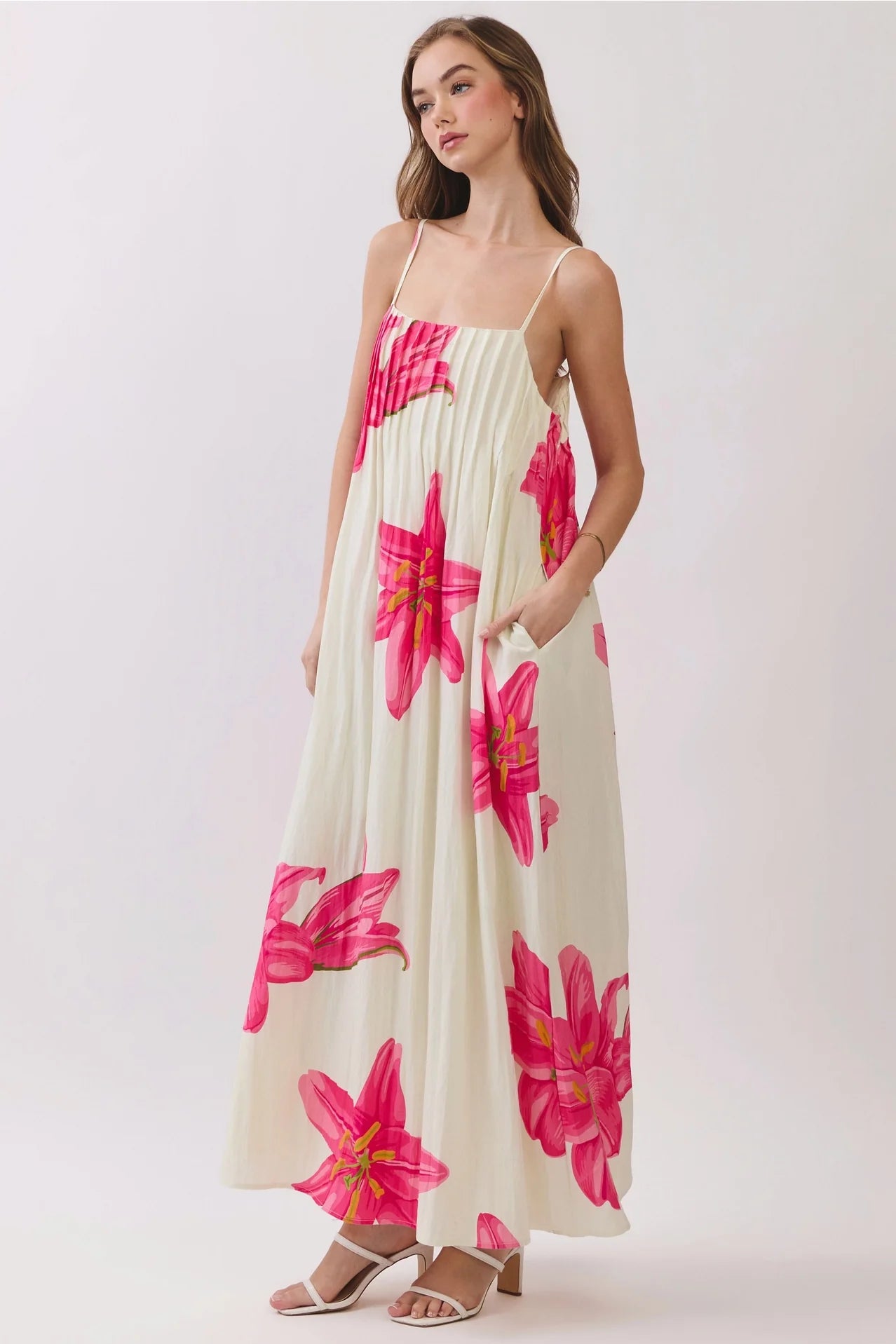 Floral Pleated Maxi Dress with Adjustable Straps