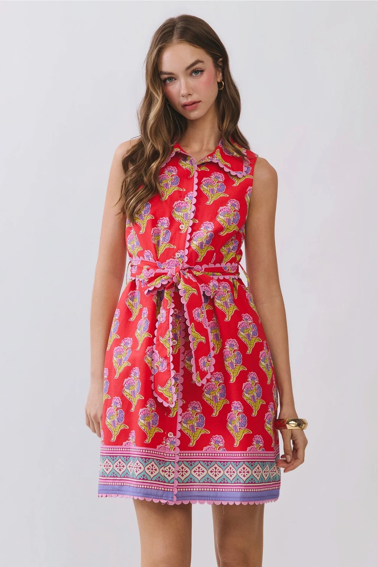 Floral Print Belted Mini Shirt Dress