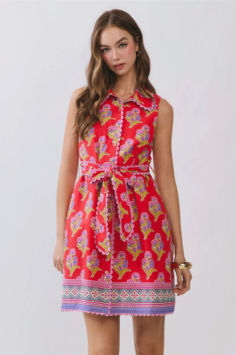 Floral Print Mini Shirt Dress with Belted Waist