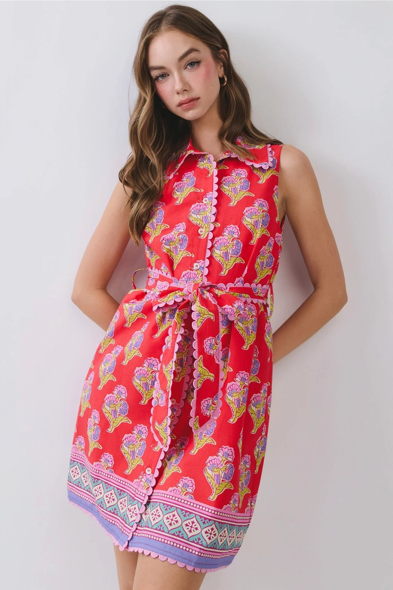 Floral Print Belted Mini Shirt Dress