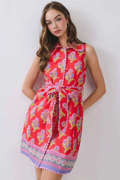 Floral Print Mini Shirt Dress with Belted Waist