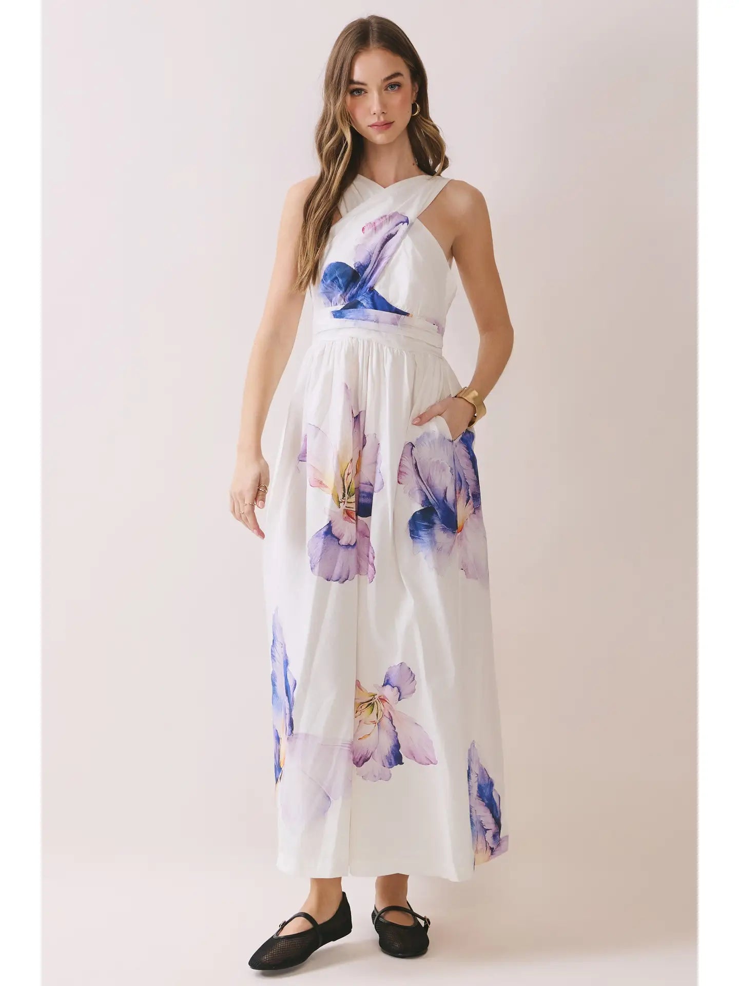 Floral Print Cross Halter Neck Midi Dress