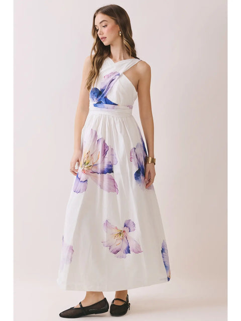 Cross Halter Neck Floral Print Midi Dress for Women
