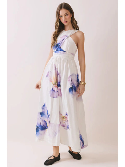 Cross Halter Neck Floral Print Midi Dress for Women
