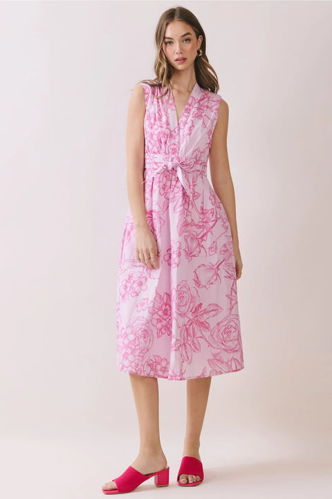 Floral Print Tie Waist Fit & Flare Midi Dress Blue