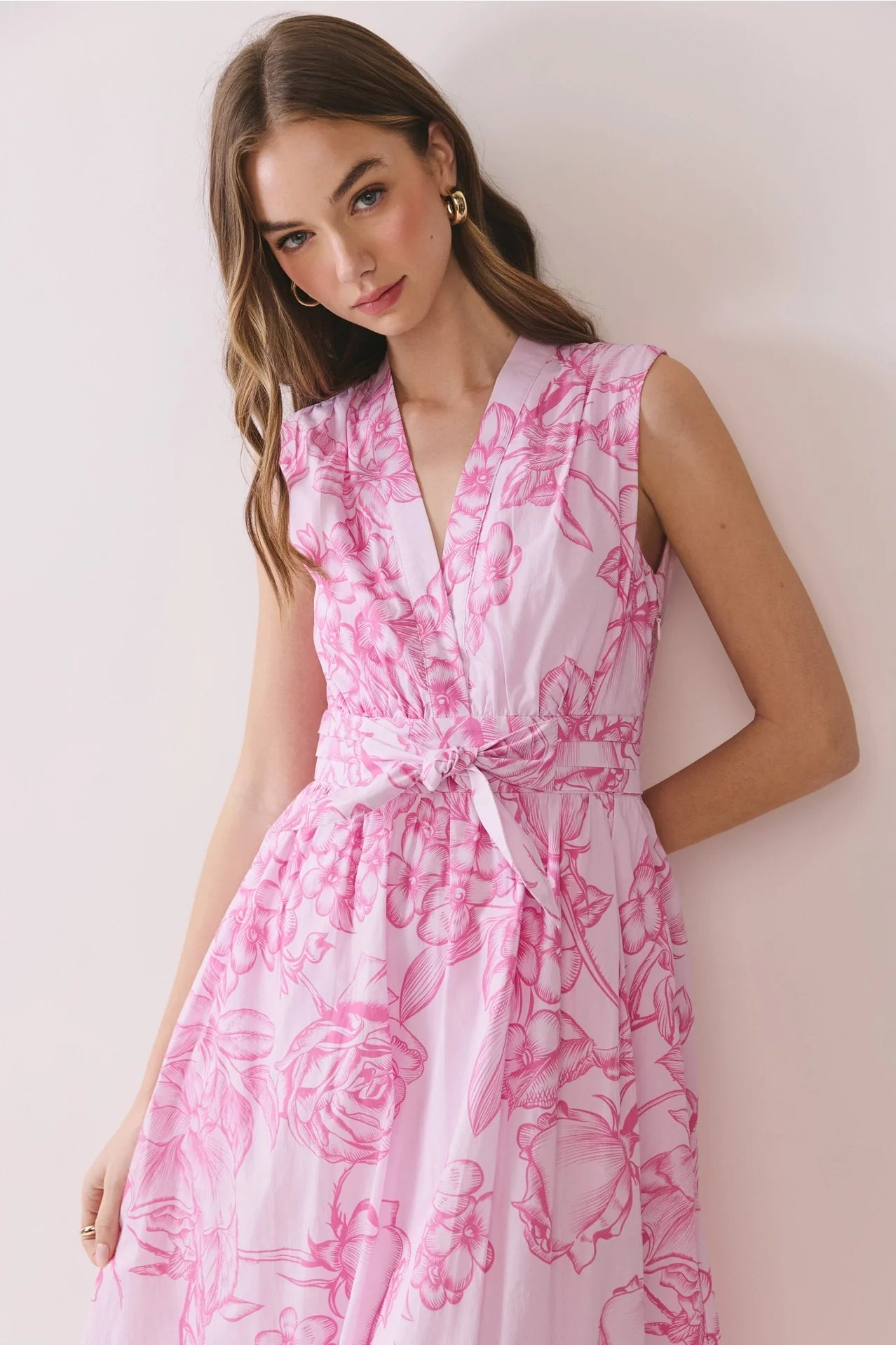 Floral Print Tie Waist Fit & Flare Midi Dress Blue