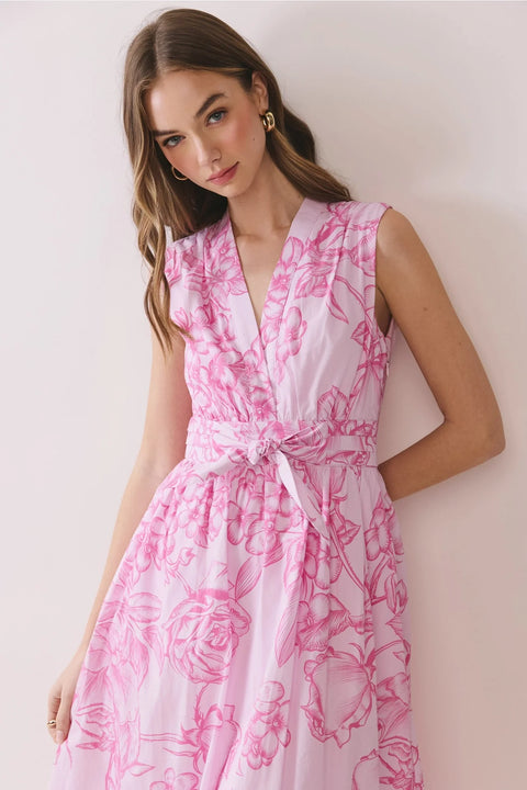 Floral Print Tie Waist Fit & Flare Midi Dress Blue