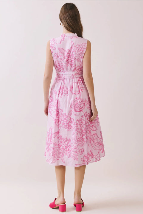 Floral Print Tie Waist Fit & Flare Midi Dress Blue