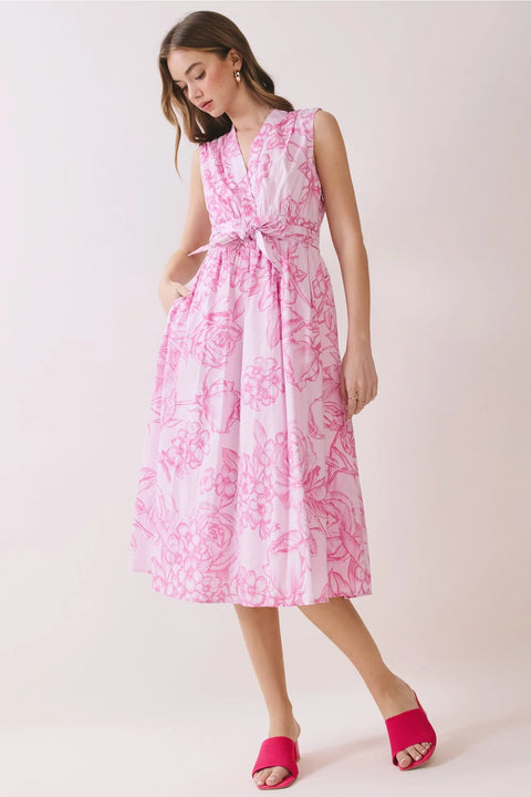Floral Print Tie Waist Fit & Flare Midi Dress Blue
