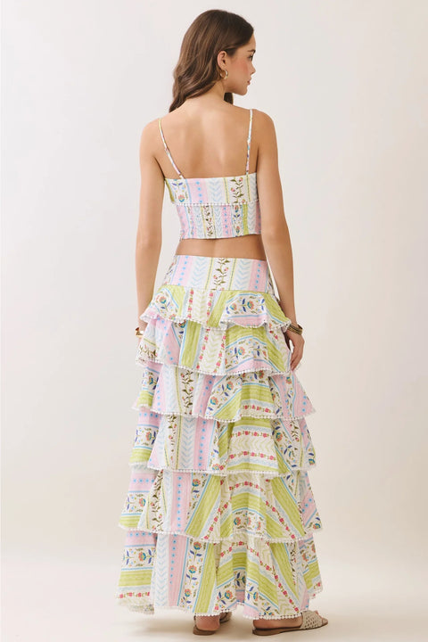 Floral Print Tiered Ruffle Maxi Skirt