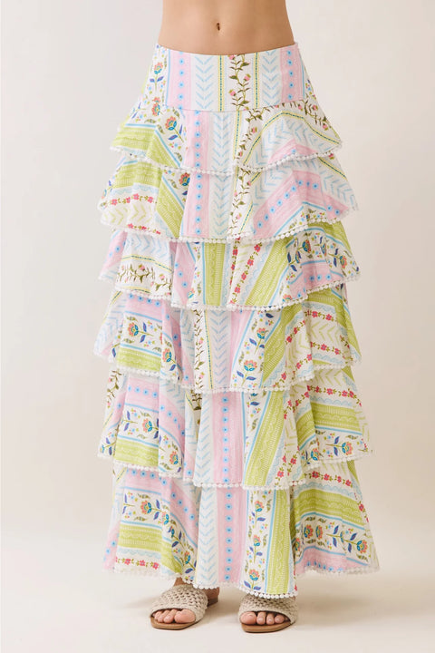 Floral Print Tiered Ruffle Maxi Skirt