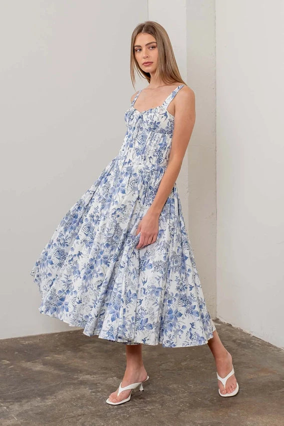 Floral Sleeveless Corset Midi Dress