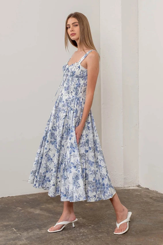 Floral Sleeveless Corset Midi Dress