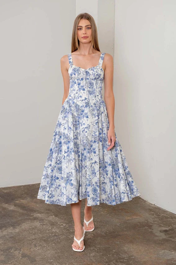 Floral Sleeveless Corset Midi Dress