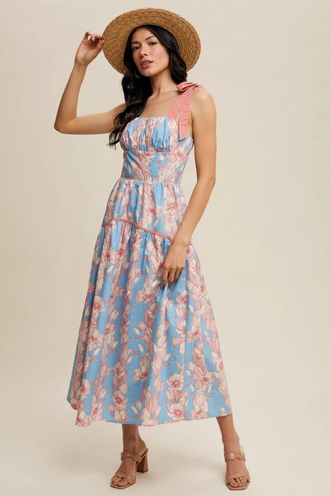 Floral Tiered Midi Dress Light Blue