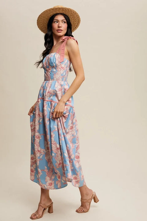 Floral Tiered Midi Dress Light Blue