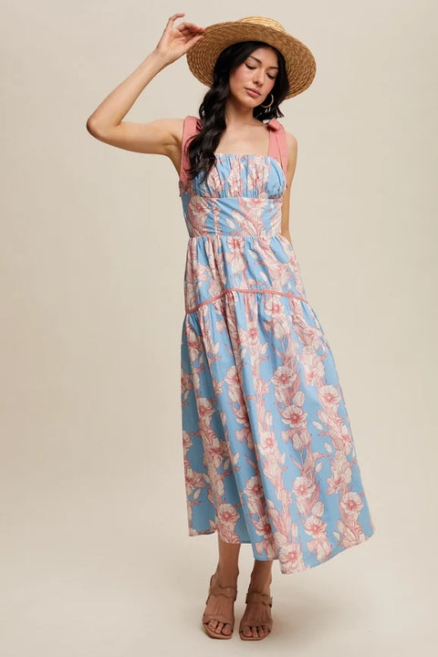 Floral Tiered Midi Dress Light Blue