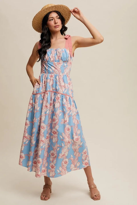 Floral Tiered Midi Dress Light Blue