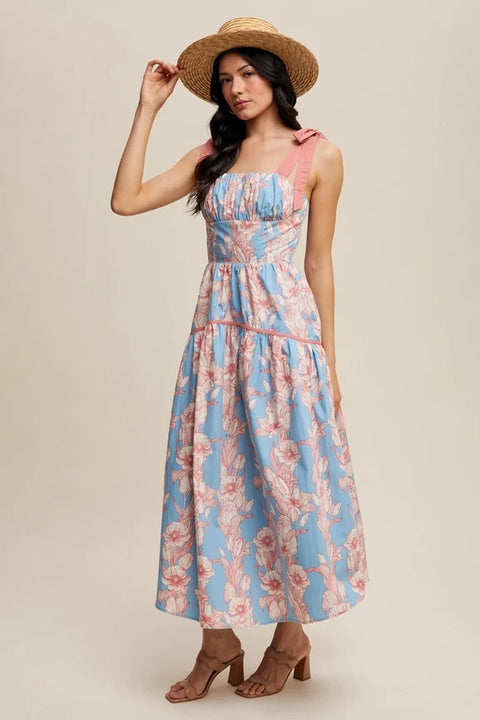 Floral Tiered Midi Dress Light Blue