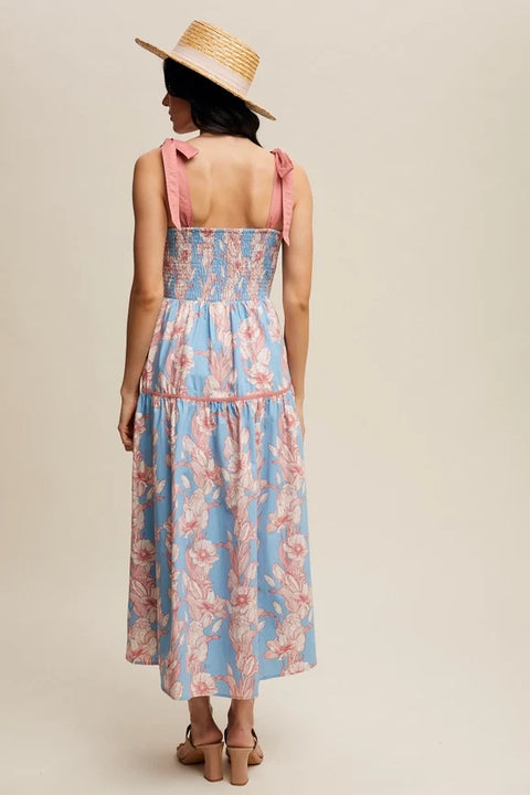 Floral Tiered Midi Dress Light Blue
