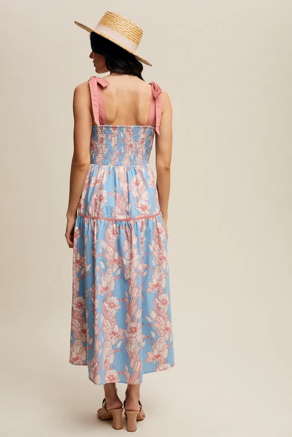 Floral Tiered Midi Dress Light Blue