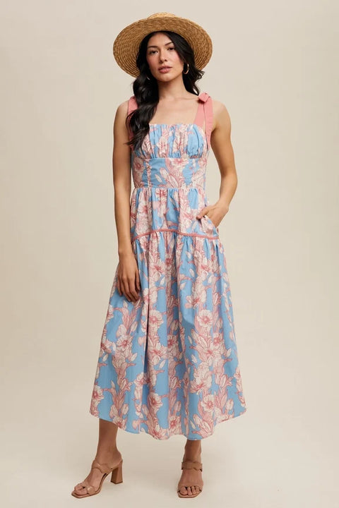 Floral Tiered Midi Dress Light Blue