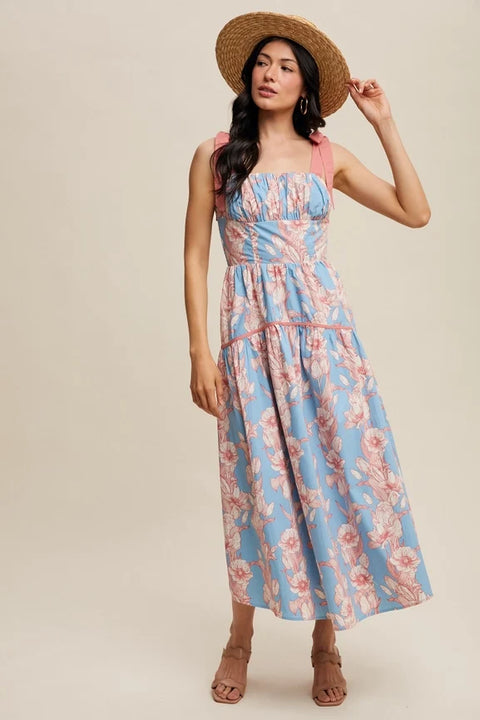 Floral Tiered Midi Dress Light Blue