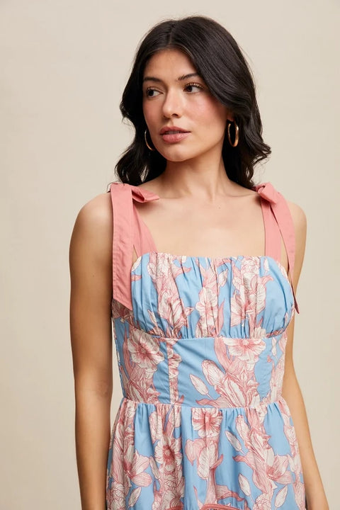 Floral Tiered Midi Dress Light Blue