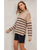 Fluffy High Neck Striped Hem Sweater - Mocha/Navy