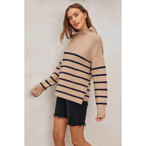 Fluffy High Neck Striped Hem Sweater - Mocha/Navy
