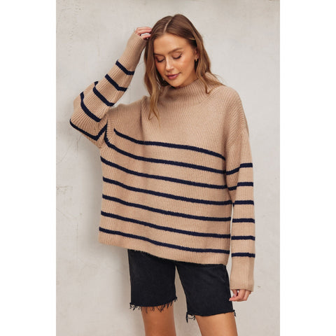Fluffy High Neck Striped Hem Sweater - Mocha/Navy