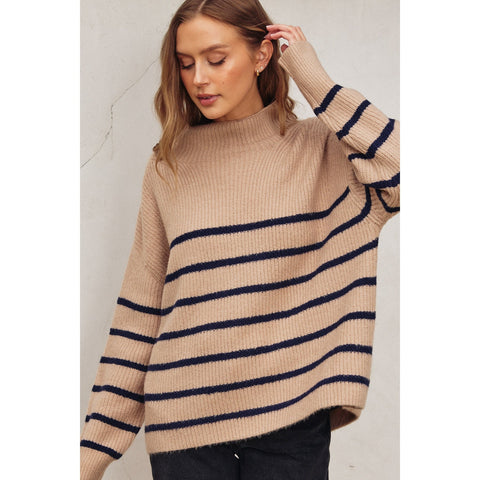 Fluffy High Neck Striped Hem Sweater - Mocha/Navy
