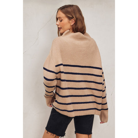 Fluffy High Neck Striped Hem Sweater - Mocha/Navy